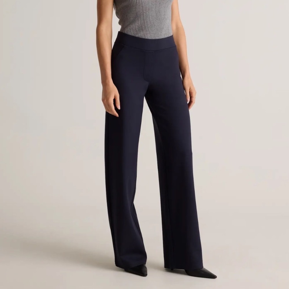 Quince Ultra Stretch Ponte Wide Leg Pants Navy Blue High Rise Trousers 4